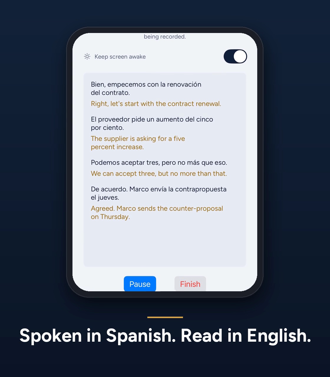 A meeting spoken in Spanish transcribed and translated into English line by line in the DayMarshal iPhone app