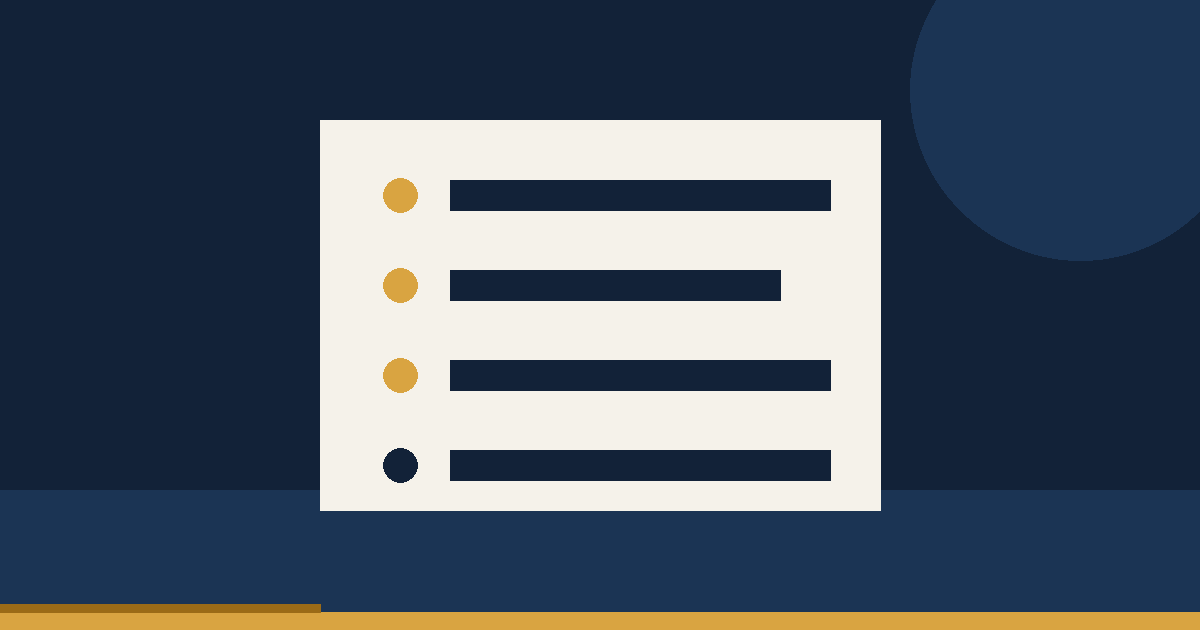 Stylized checklist card with amber check marks beside task bars on a navy background
