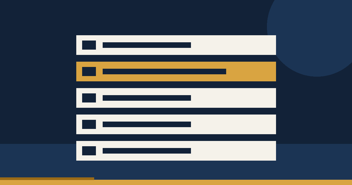 Rows of stylized inbox messages with one highlighted in amber among cream rows