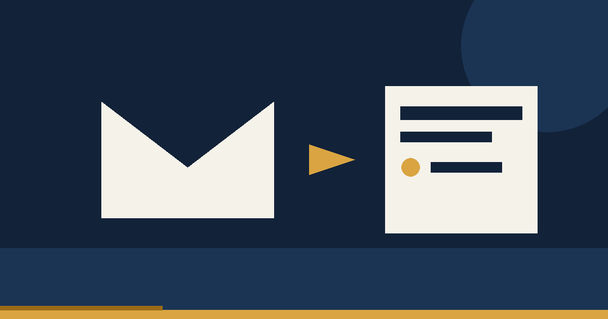 Stylized envelope with an amber arrow pointing to a task card with a checkmark