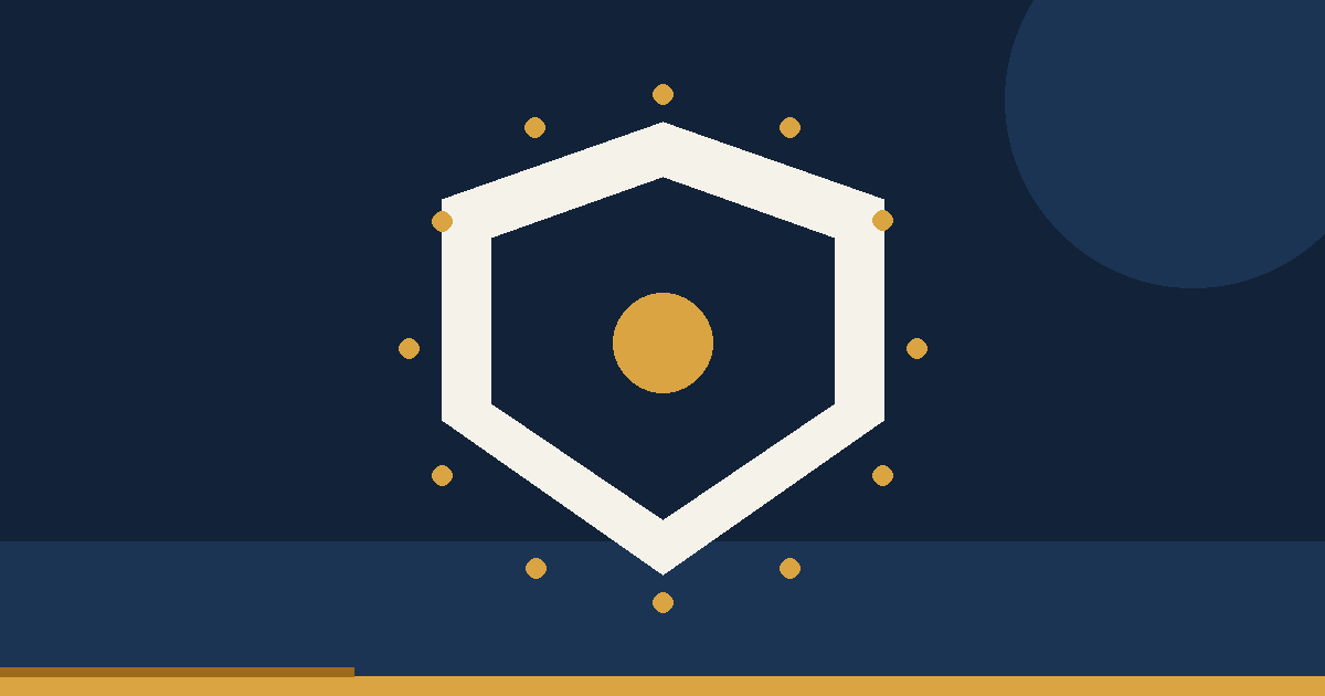Cream and navy shield with an amber center dot surrounded by a ring of amber dots
