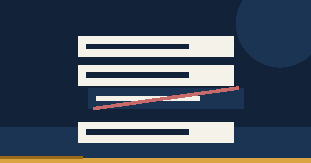 Stack of cream record cards with one struck through in rose on a navy background