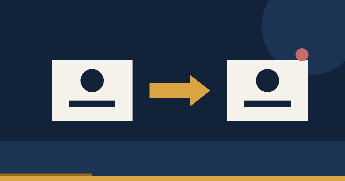 Two cream panels joined by an amber arrow with a single rose dot on a navy background